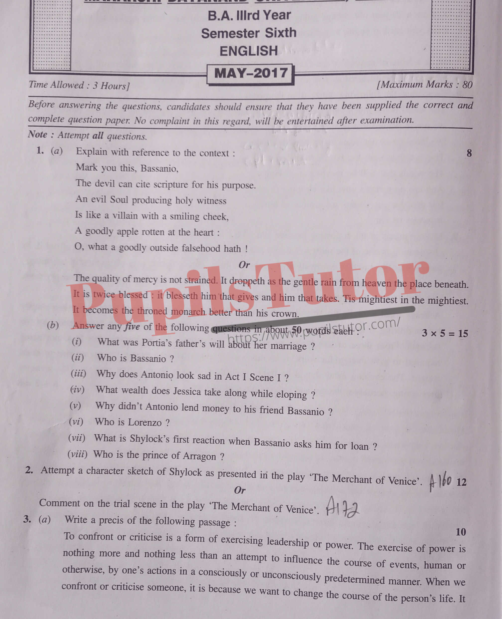 MDU (Maharshi Dayanand University, Rohtak Haryana) BA Pass Course Sixth Semester Previous Year English Question Paper For May, 2017 Exam (Question Paper Page 1) - pupilstutor.com