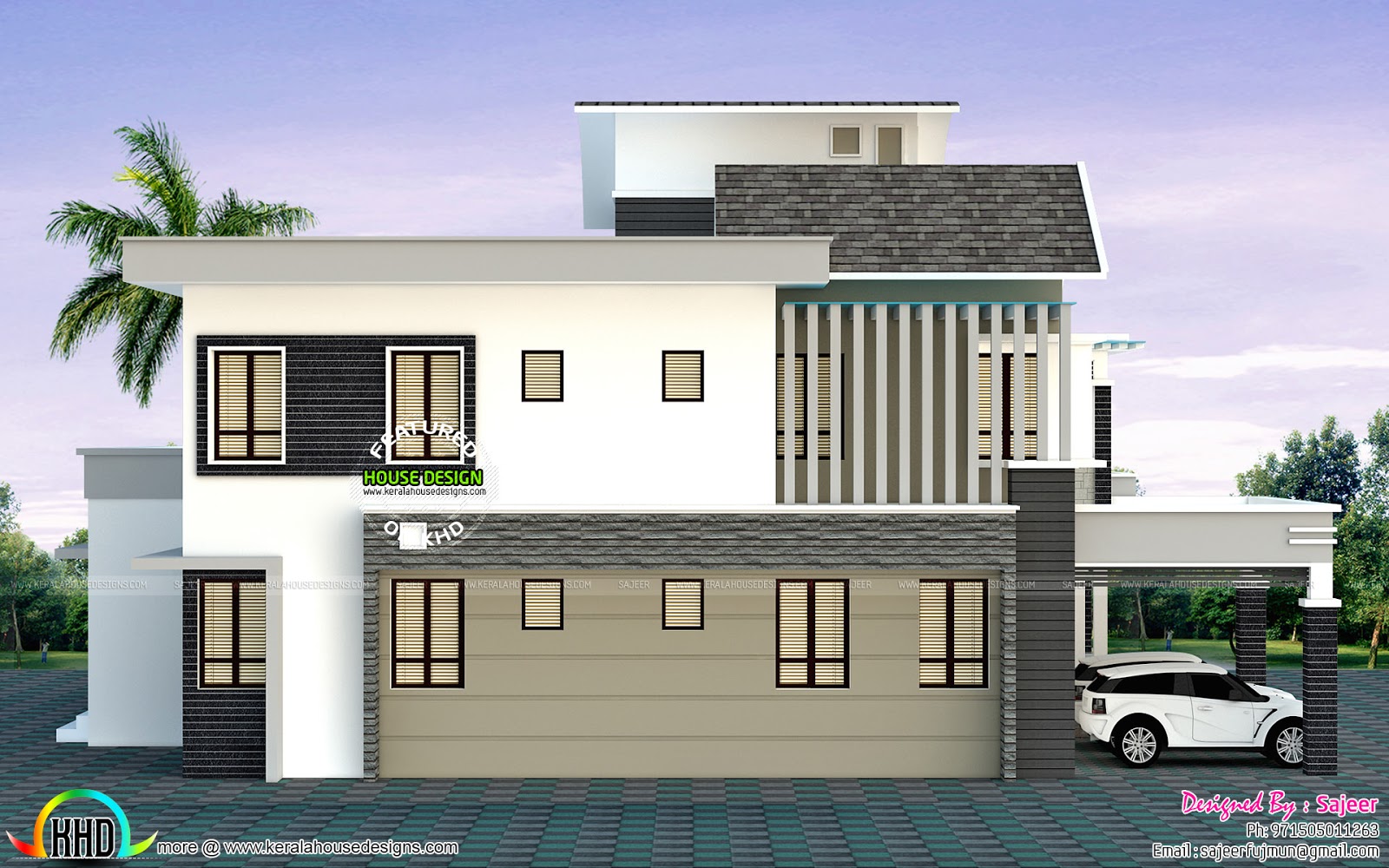 Front left and right view of Modern home Kerala home 