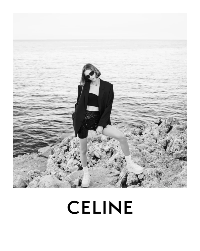 Patrycja Piekarska wears Jude jacket and sequin biker shorts for Celine Baie Des Anges summer 2022 collection. Photo: Hedi Slimane