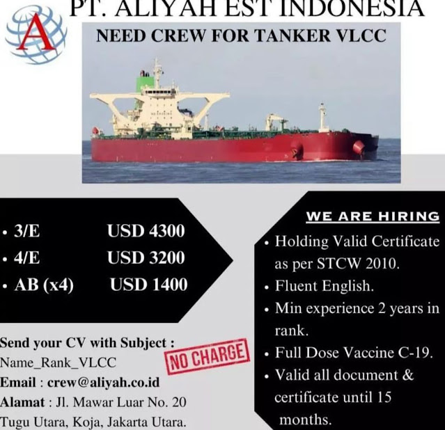 Loker Crew Tanker VLCC 3/E 4/E AB PT Aliyah Est Indonesia