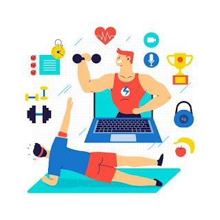 A vector showing health & fitness worker workouts with an online fitness trainer..