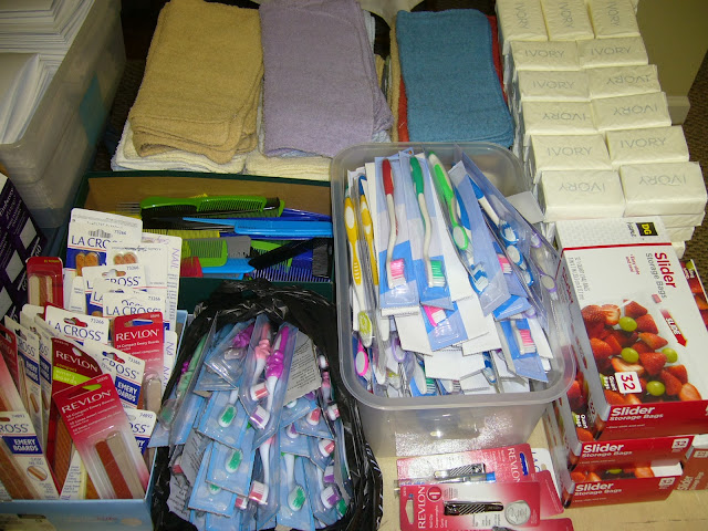 Packing hygiene supplies for an Operation Christmas Child shoebox packing party.