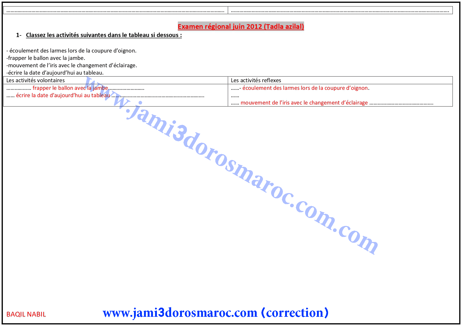 correction examen régional svt 3ac