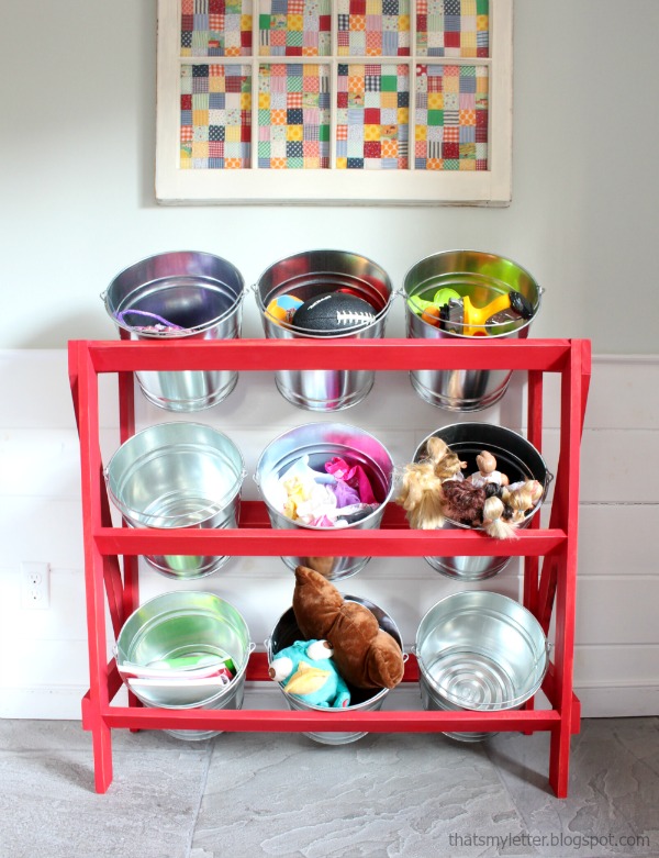 diy open shelving with buckets
