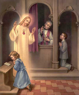 sacrament of reconciliation girl praying in Church and Jesus blessing her photo free Christian image download