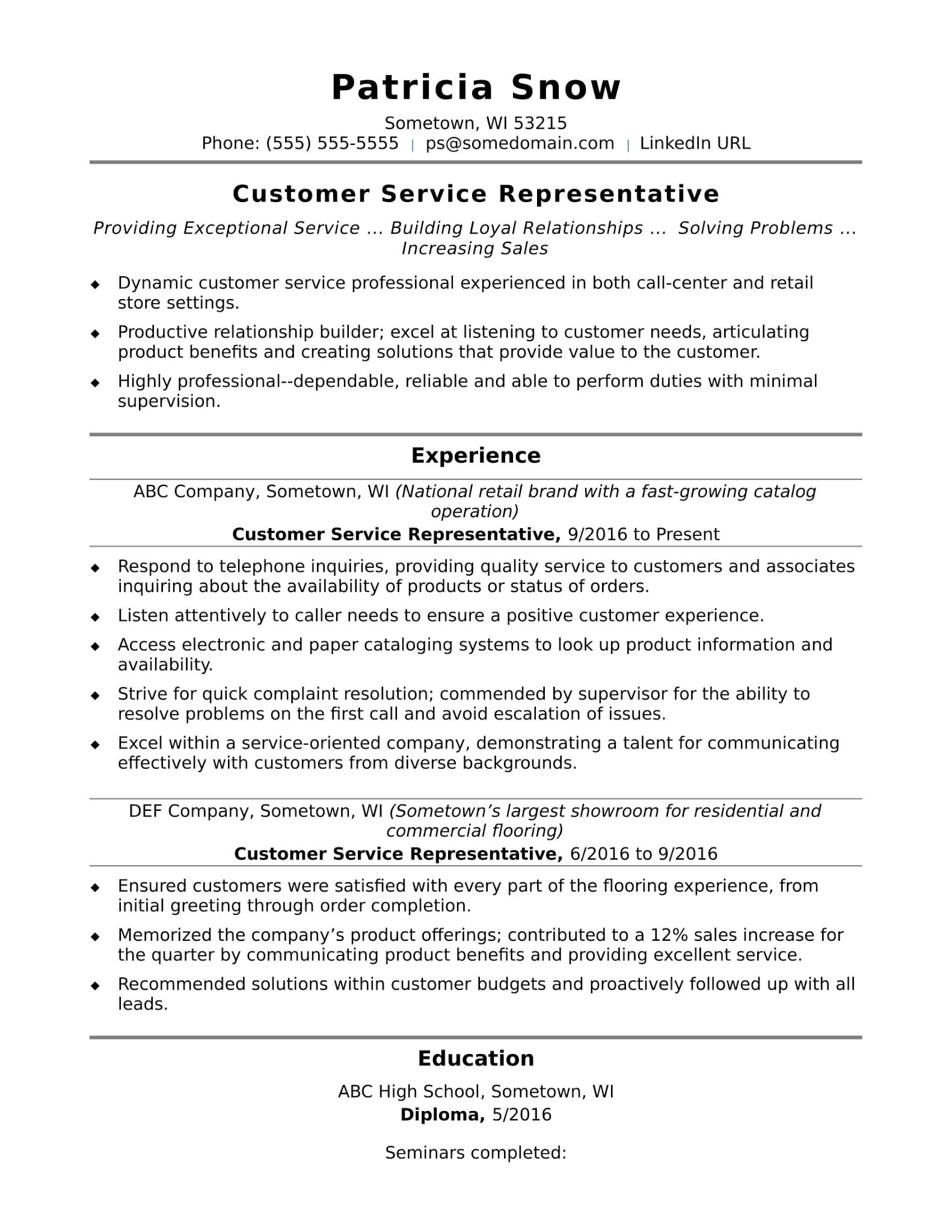 Customer Service Representative Resume