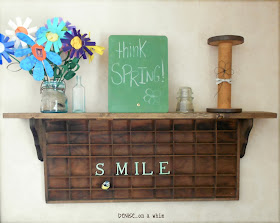Spring Decor on a DIY Printer's Tray Shelf via http://deniseonawhim.blogspot.com