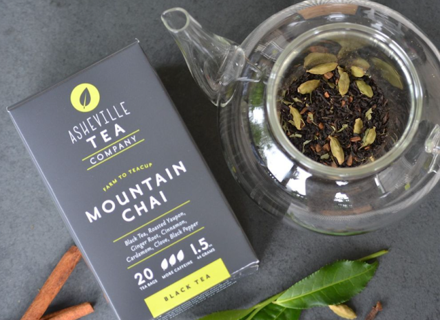 Mountain Chai Tea Blend from Asheville Tea Company with clear pot with loose tea leaves