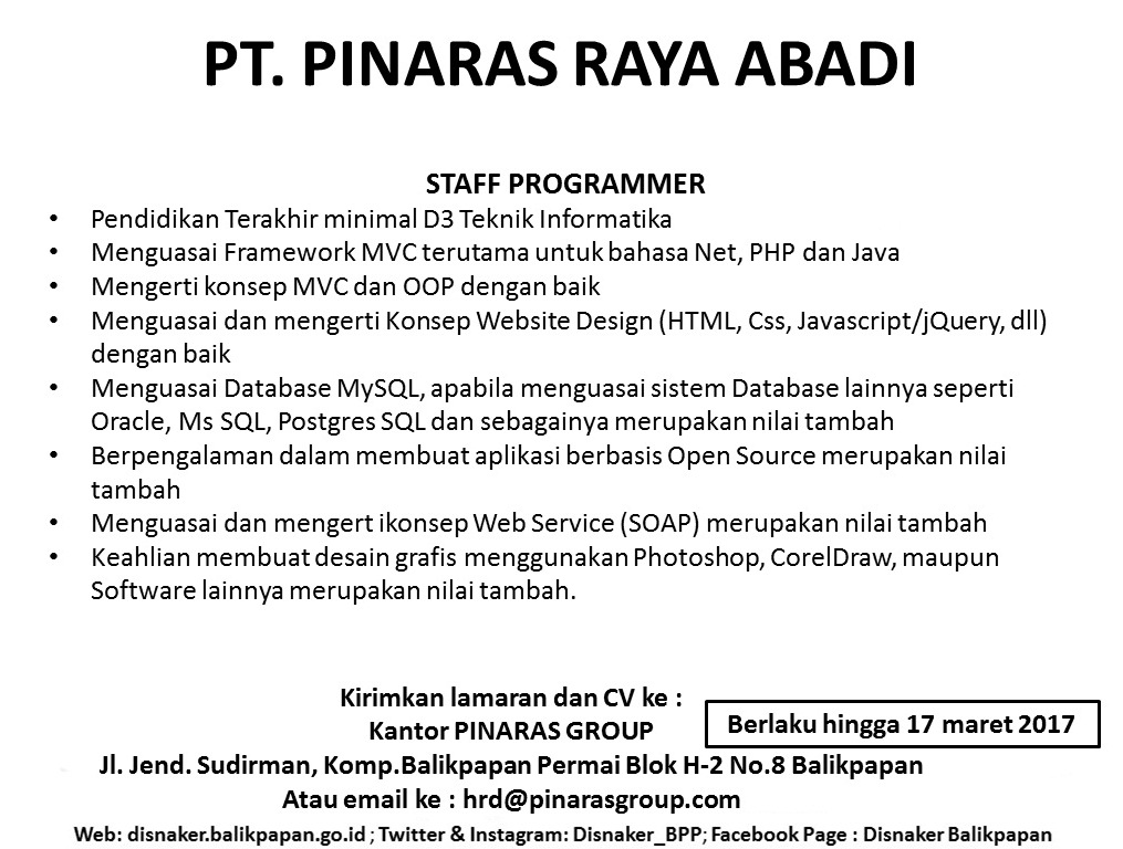 Lowongan PT. PINARAS RAYA ABADI - Job Seeker