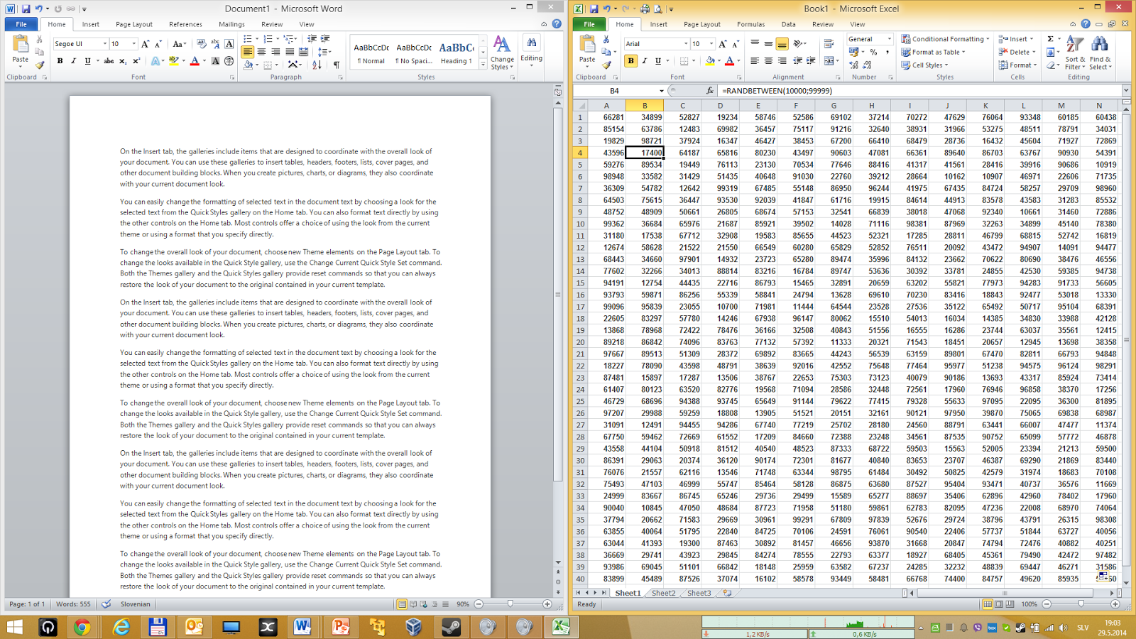 Word and Excel - side by side on same screen.