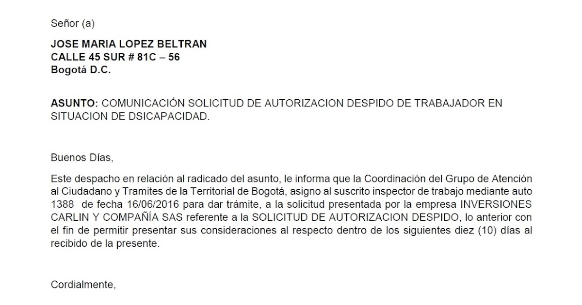 PSICOLABOR HONORABLE: EJEMPLO CARTA "AUTORIZACIÓN DESPIDO"