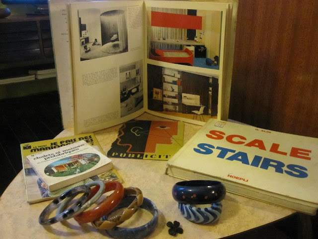 vintage bangles , clover brooch , books 1950 50s 1960 60s 1970 70s design scale stairs