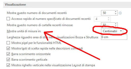 Selezione dell'unità di misura in Word