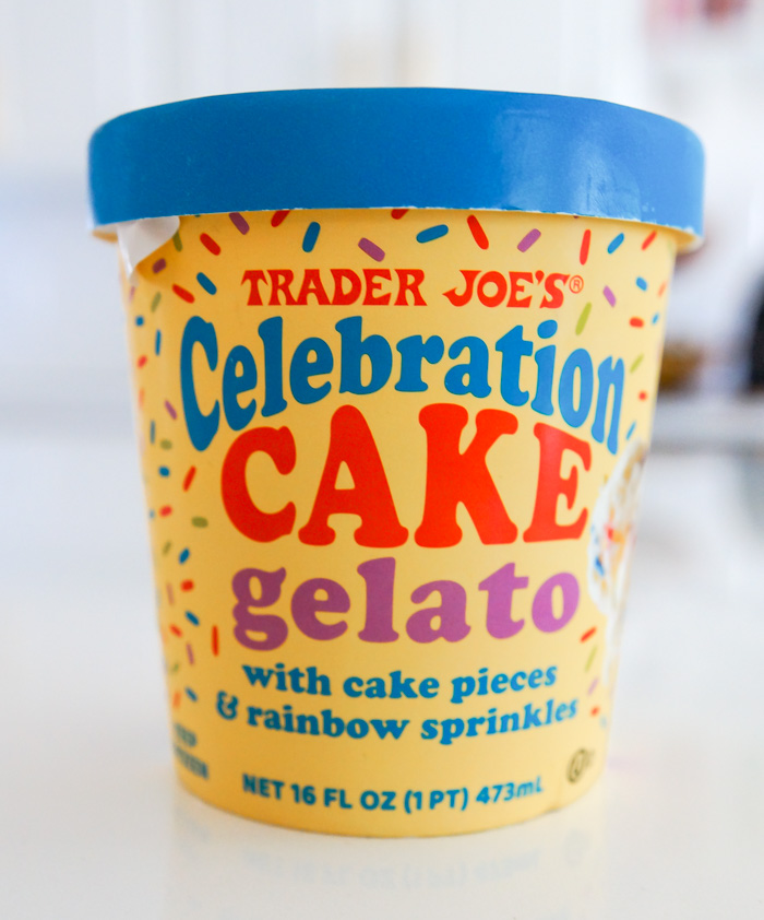 Trader Joe's Celebration Cake Gelato pint on kitchen counter