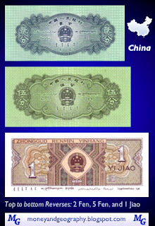 Reverse sides of 2 Fen, 5 Fen, and 1 Jiao banknotes