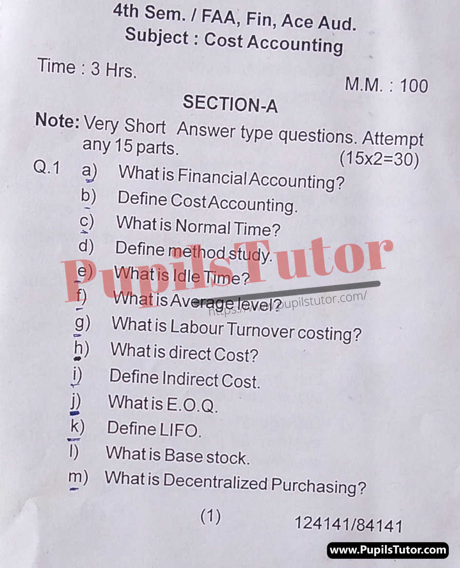 HSBTE (Haryana State Board of Technical Education, Panchkula Haryana) FAA Semester Exam Fourth Semester Previous Year Cost Accounting Question Paper For 2022 Exam (Question Paper Page 1) - pupilstutor.com