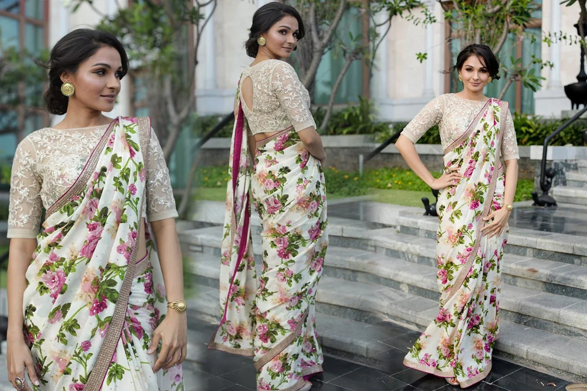 Andrea Jeremiah Looking Hot In Floral Saree Pics