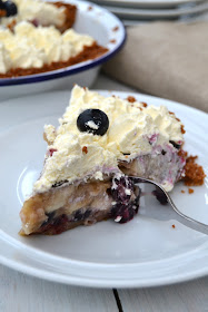 crumb crust pie filled with bananas and blueberries baked and enjoyed either warm or chilled with cream