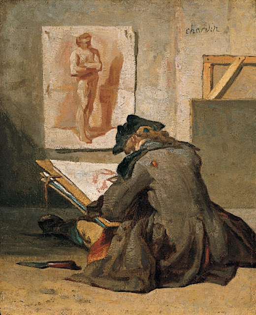 Jean-Baptiste-Siméon Chardin (1699-1779) Un Jeune étudiant dessinant (c. 1738), Huile sur panneau, 21 x 17.1 cm Kimbell Art Museum.