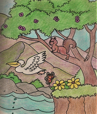 nature rejoicing, colored pencil art, Dollar Tree coloring book