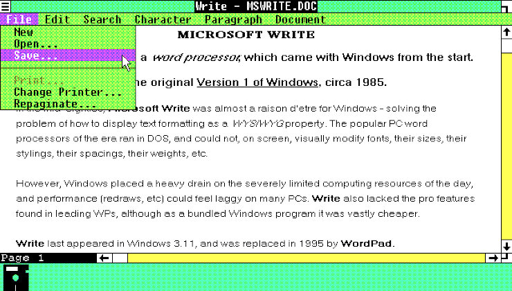 Microsoft Write in Windows 1