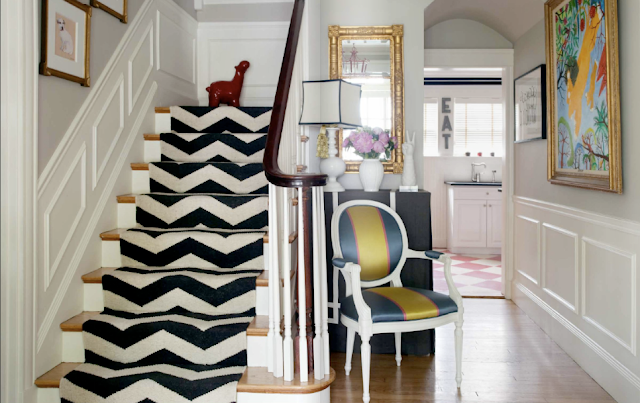 navy blue and white chevron stair runner