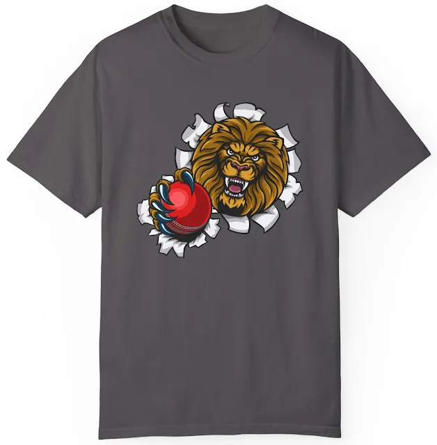Garment Dyed Personalized Cricket T-Shirt With An Angry Lion Holding a Red Cricket Ball and Breaking Through the Background with Its Claws