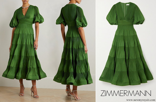 Queen Mathilde wore ZIMMERMANN Pleated Tiered Twill Midi Dress - Green