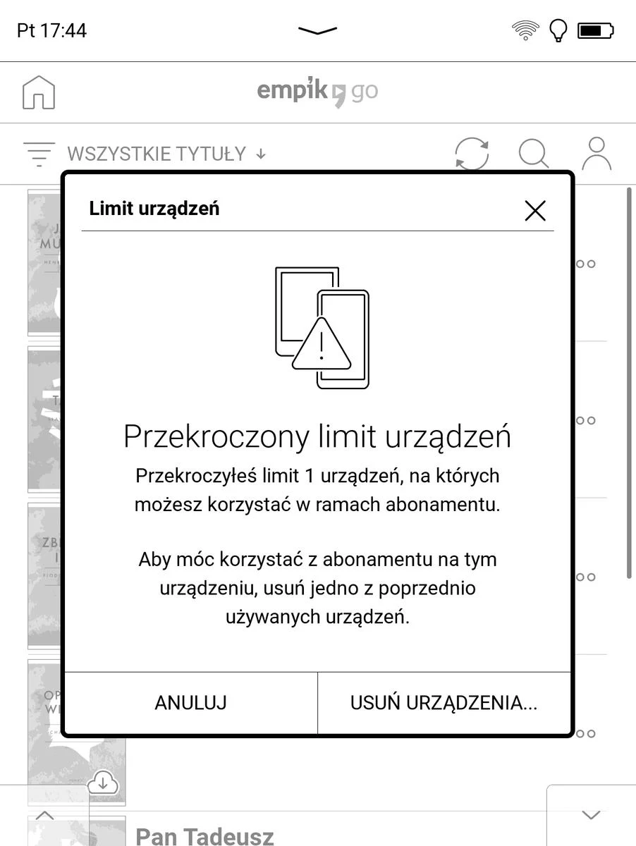 PocketBook Era – informacja o przekroczeniu liczby dostępnych urządzeń w Empik Go