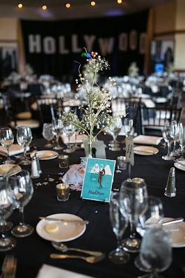 Black and white tables with movie poster table numbers l Ciprian Photo l Take the Cake Event Planning l Hyatt Lake Tahoe