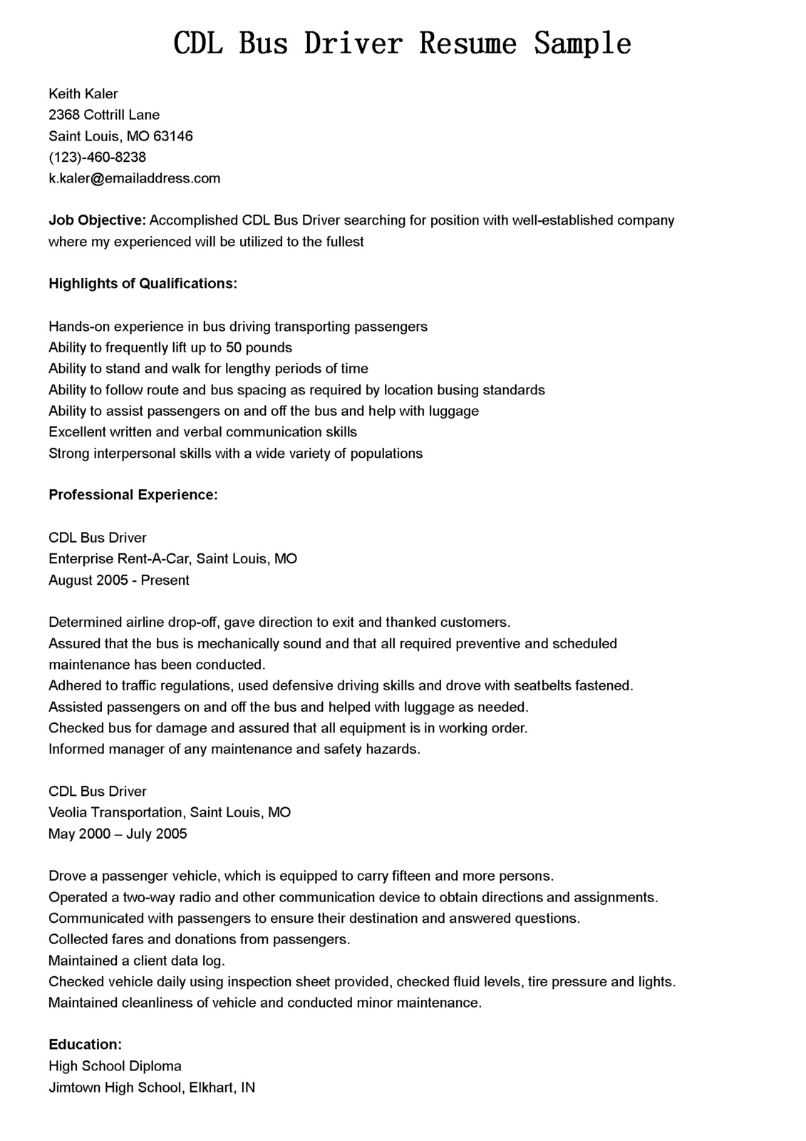 bus driver resume sample