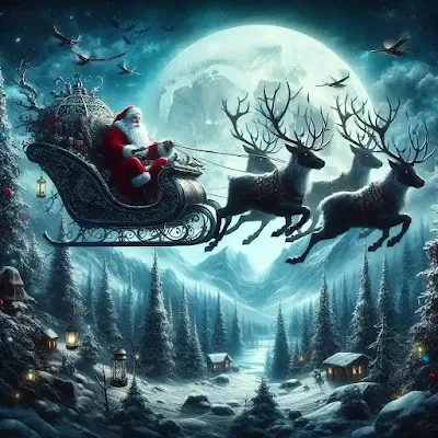 A fantasy illustration of Santa Claus in his sleigh pulled by reindeer, flying over a dark forest with a full moon in the background