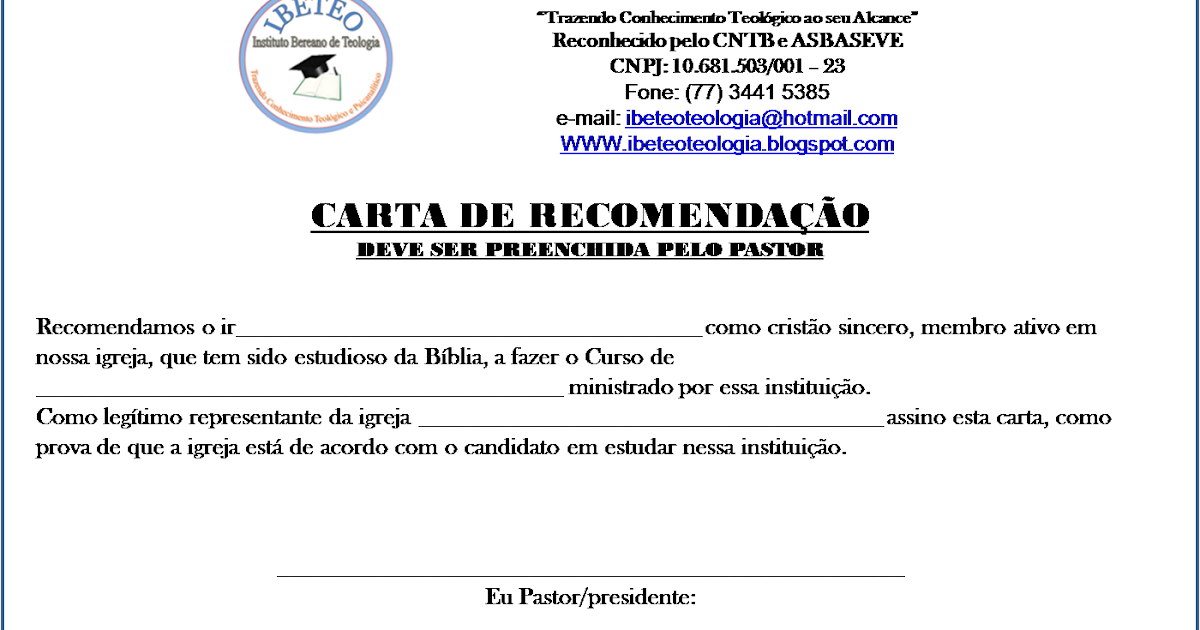 Carta De Apresentacao Igreja Evangelica Word - About 