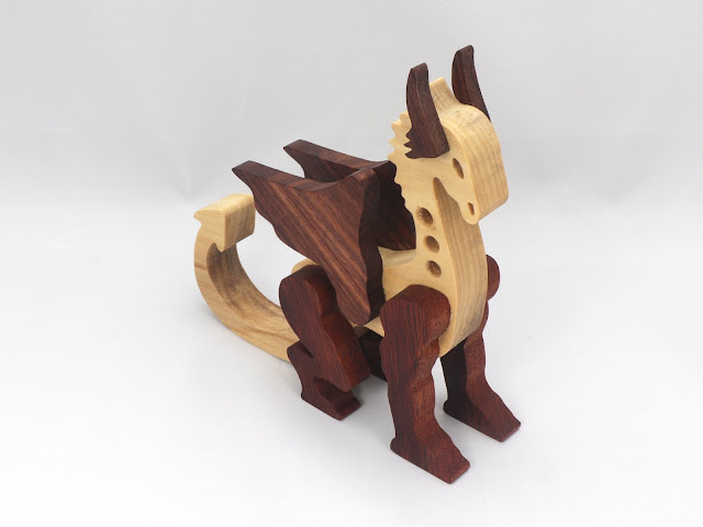 Handmade Wood Toy Dragon Made From Poplar and Walnut Hardwoods