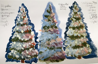 Three pine tree sketches, figuring out the steps, ©2020 Tina M.Welter