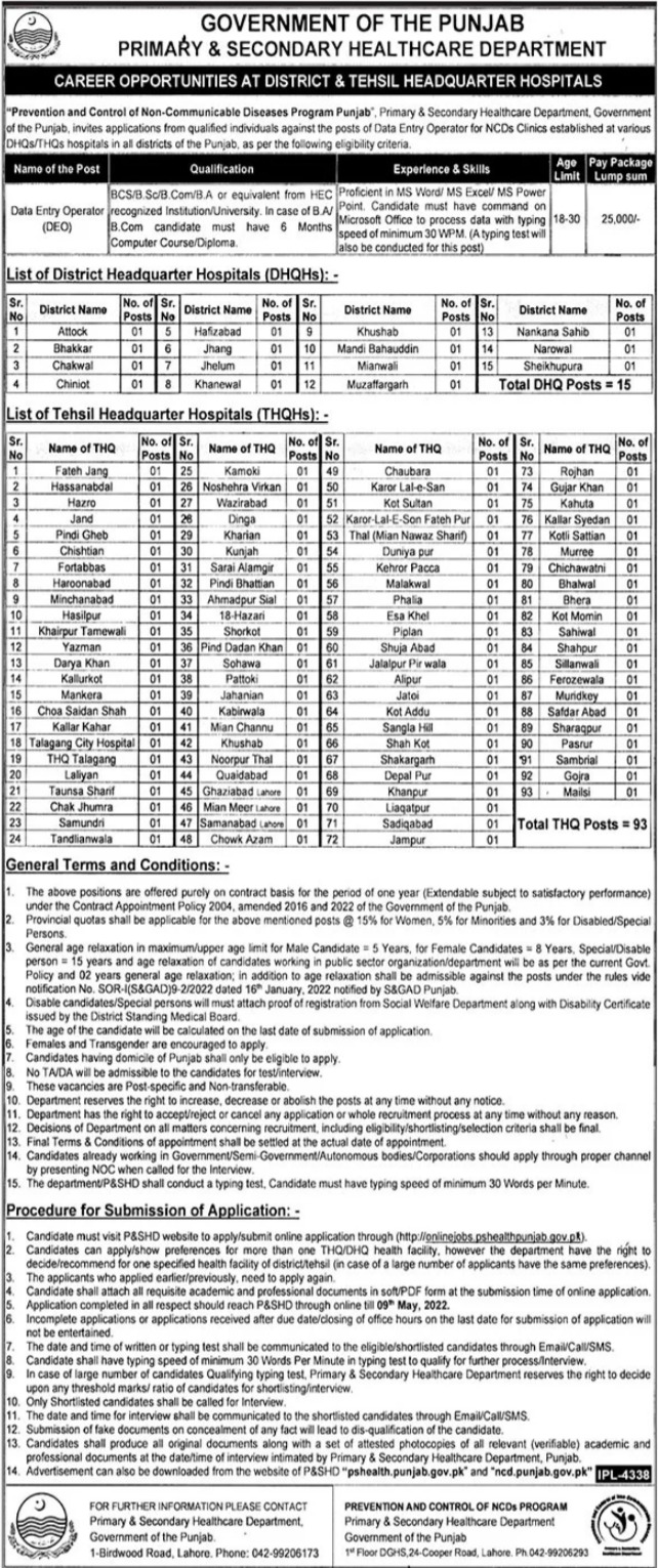 Health Department Punjab Data Entry Operator Jobs 2022