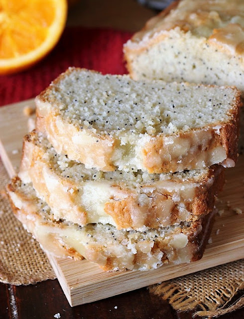 Close-Up of Stacked Slices of Glazed Poppy Seed Bread Image