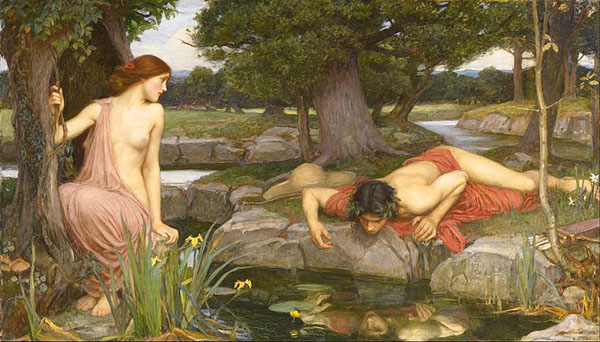 a semi-nude woman gazes longingly at a beautiful young man, who is himself gazing at his own reflection as he lies looking into a pond