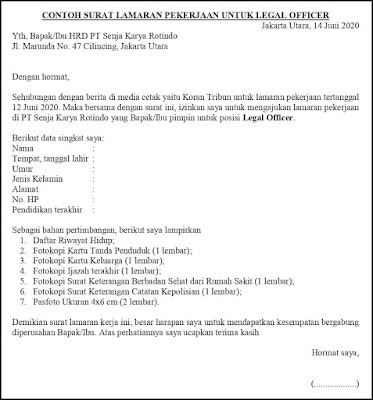 Contoh Surat Lamaran Pekerjaan Untuk Hukum