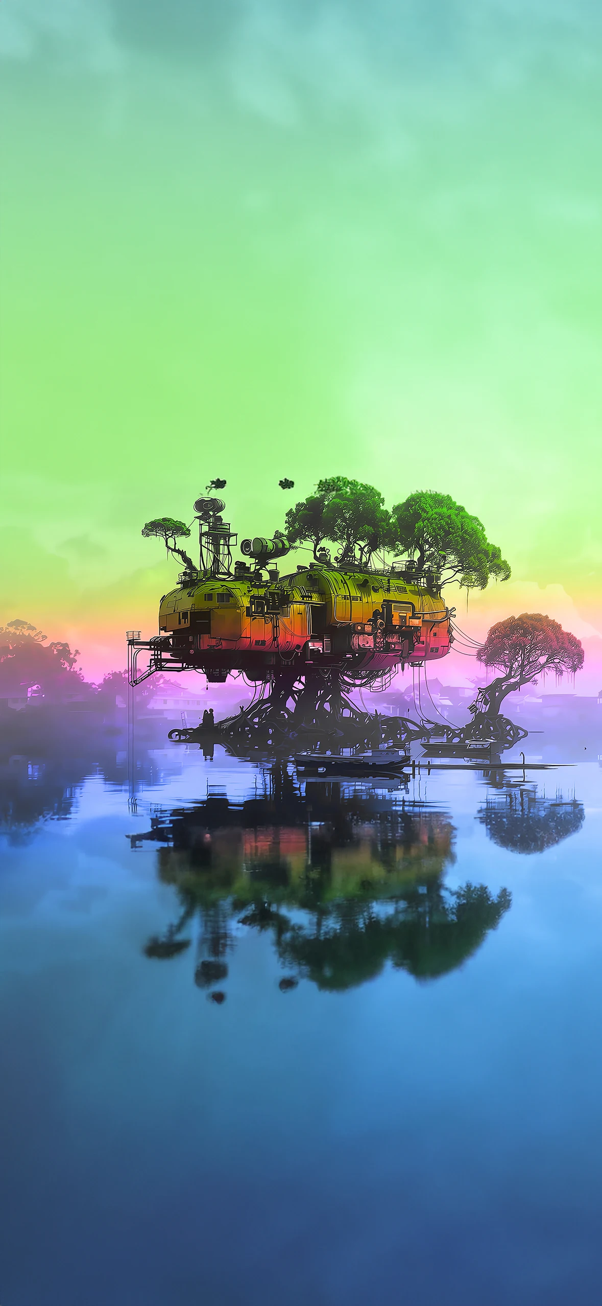 Futuristic digital art depicting a floating yellow-orange habitation pod with intricate machinery and lush greenery atop, set against a backdrop of hazy pink and green skies above a reflective water surface.