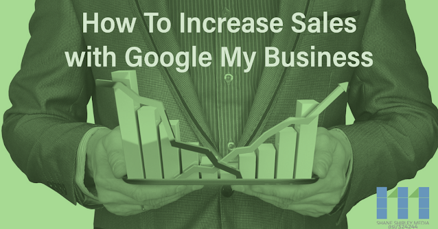 Man in suit holding bar graph showing a decrease and then increase with text that says, "How To Increase Sales with Google My Business"