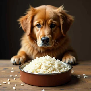 Golden retriever sniffing a plate of jasmine rice with curiosity