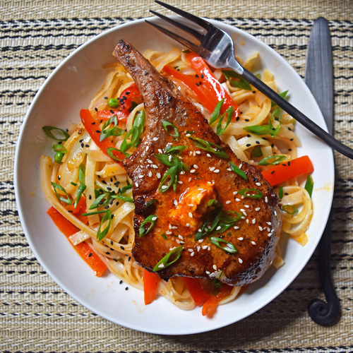 Gochujang pork chops with noodle stir fry