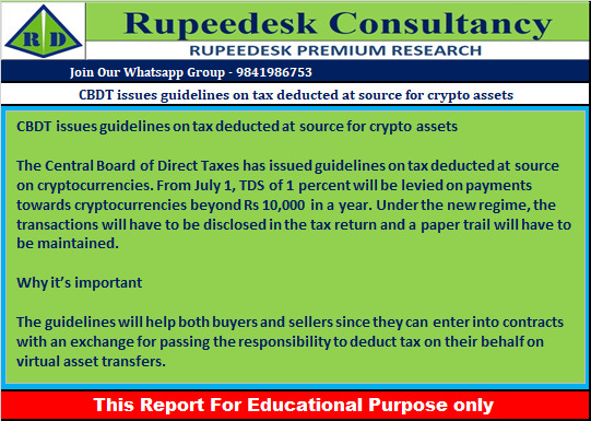 CBDT issues guidelines on tax deducted at source for crypto assets - Rupeedesk Reports - 23.06.2022