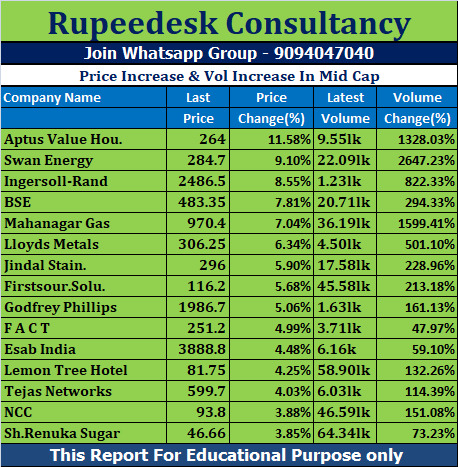 Price Increase & Vol Increase In Mid Cap