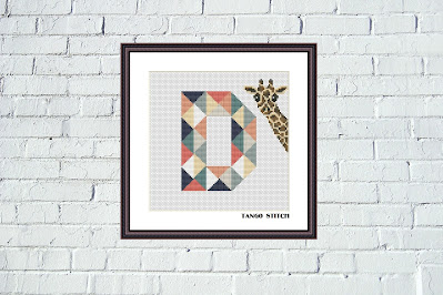 Letter D and cute funny giraffe cross stitch pattern