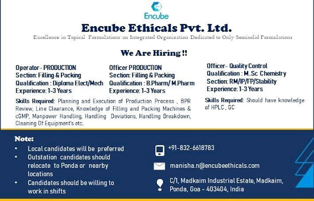 Encube Ethicals Hiring For Production ( Filling & Packing)/ Quality Control Department