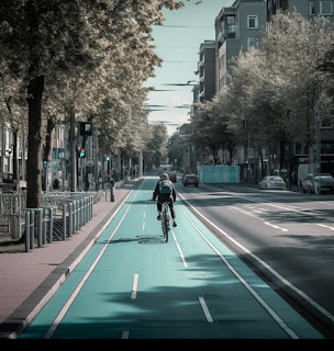 A cyclist riding in an urban area