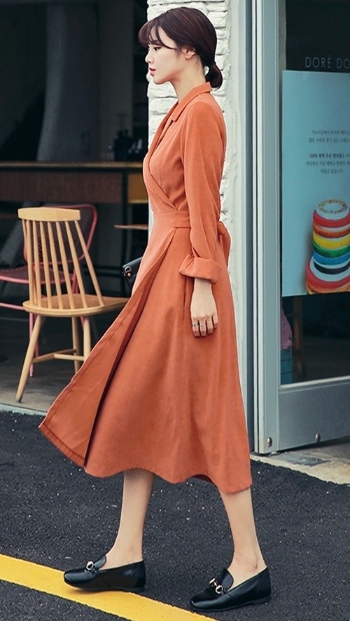 Notch Collar Wrap Midi Dress