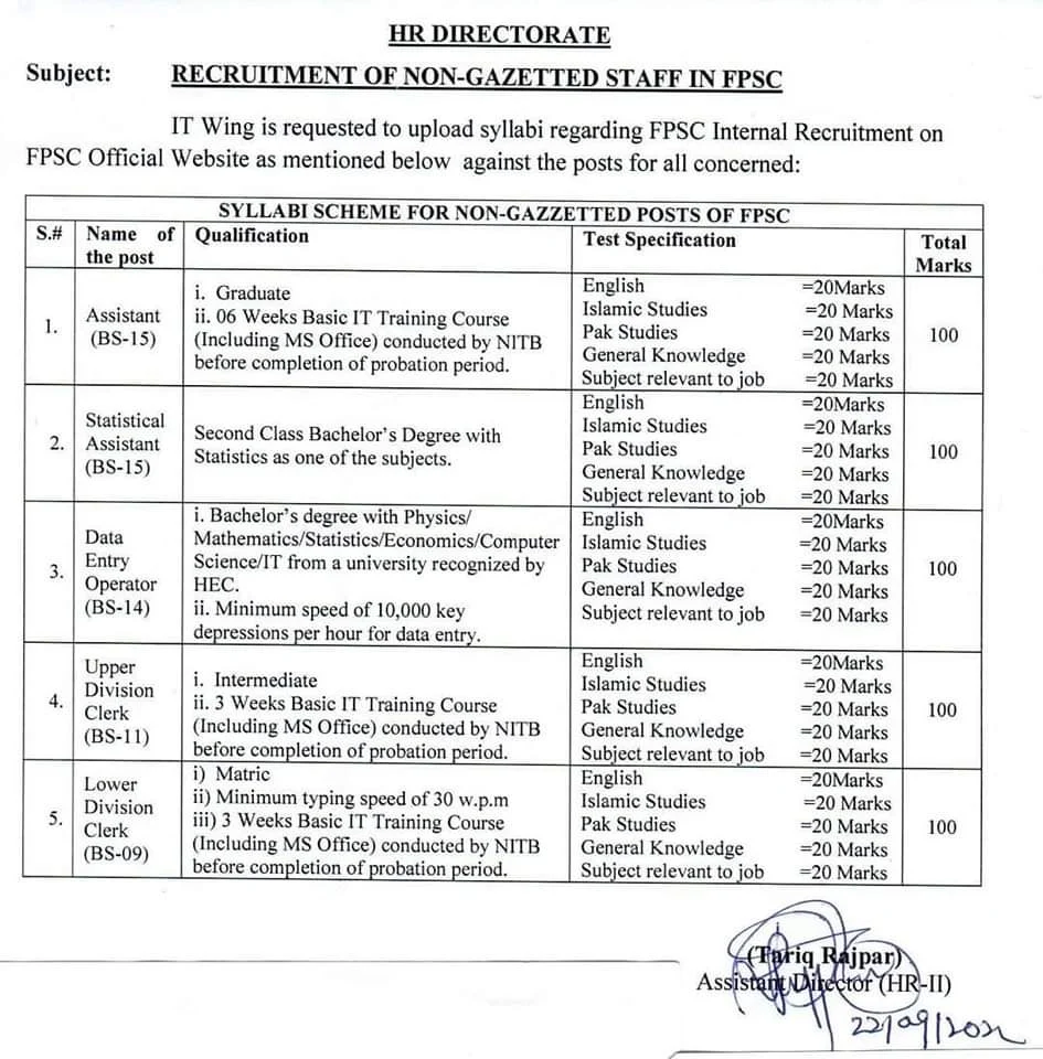 FPSC Detailed Official Syllabus 2022 for Assistant, LDC, UDC, Data Entry Operator and Statistical Assistant